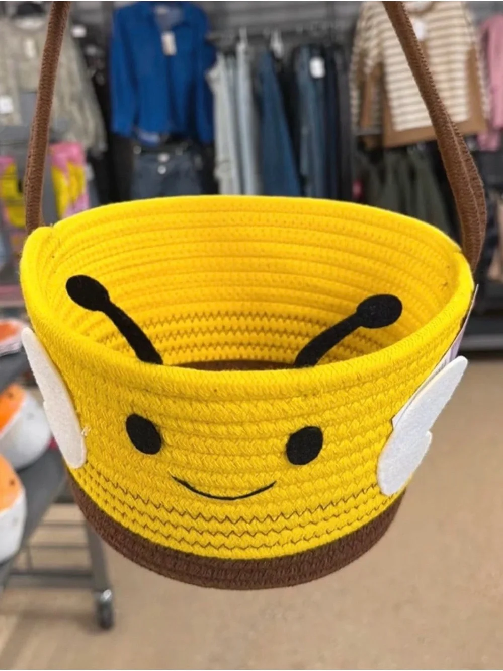 Target Yellow Bee Basket with Brown Handle . Gift basket . Decor basket